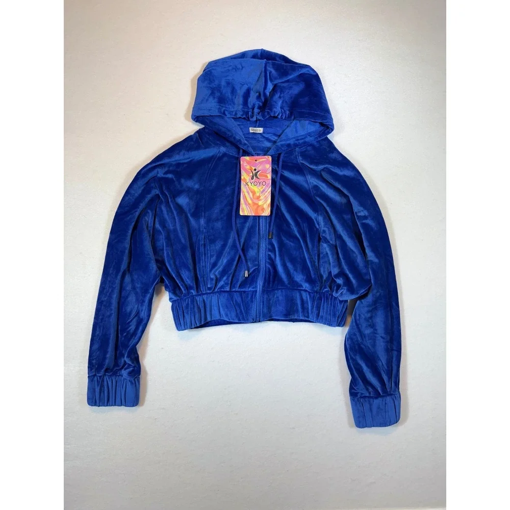 KYOYO Blue Velour Zip Up Hoodie Crop Top Jacket Soft Cozy 4-Way Stretch - Picture 1 of 3